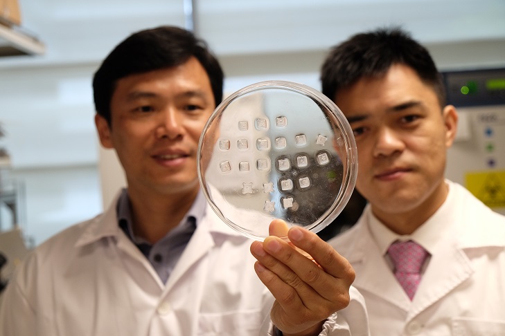NR Banner - Prof Chen Peng (left) holding the drug-laden microneedle fat burning patch with Asst Prof Xu Chenjie - Copy.JPG